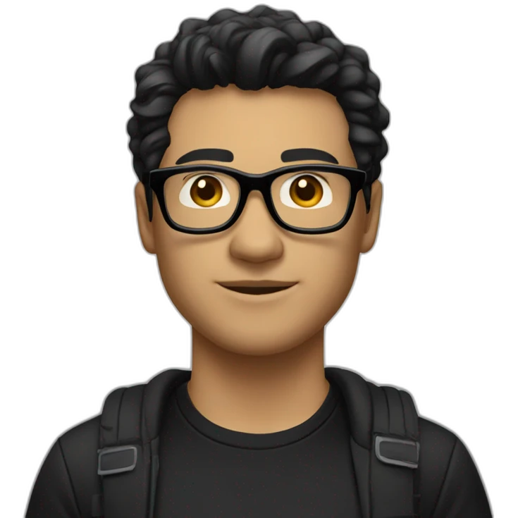 A man with black hair, wearing black glasses, a black T-shirt, black pants, and a white coach  emoji