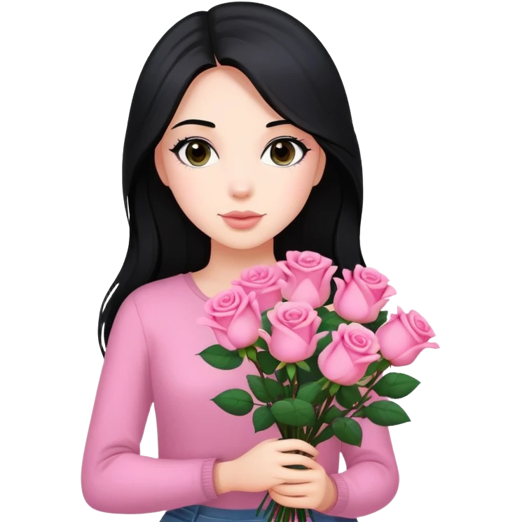 A beautiful girl with long black hair holding a bouquet of pink roses emoji