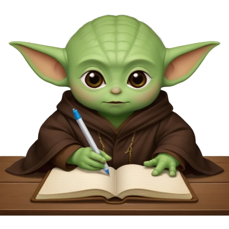 Baby Yoda con su tunica chocolate escribiendo en un cuaderno sobre un escritorio emoji