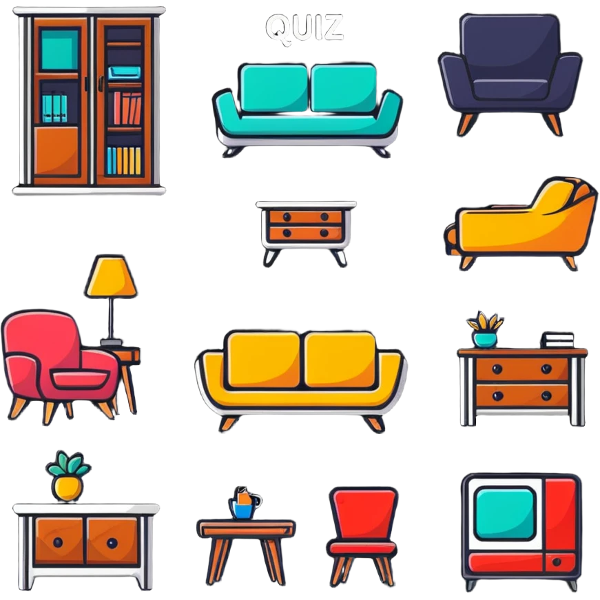 colorful interior design style quiz logo with swiping gesture and different furniture styles emoji