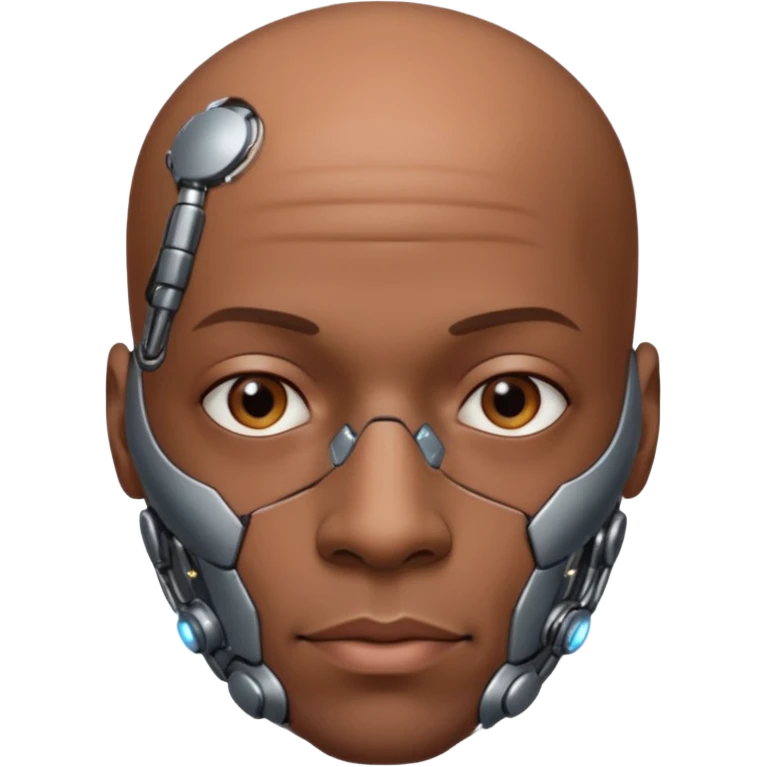 bald black man, vertical half of his face fully covered in cyborg augmentations emoji