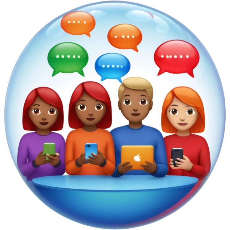 A group of people inside a separate colorful transparent bubble (blue, red, green, orange). They are each holding a smartphone or laptop. the bubbles are slightly overlapping, creating a modern and minimalist look. Realistic emoji style. emoji