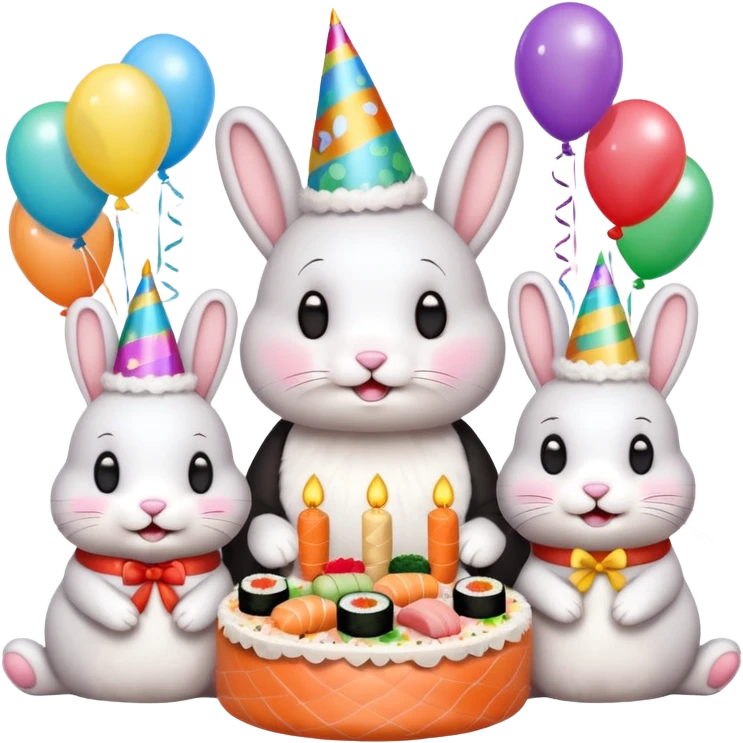 four bunnies together eating sushi at a birthday party, festive, colorful, party hats, birthday decorations, confetti, balloons, sushi platters, birthday cake, playful, varied poses, emoji style, all four bunnies clearly visible emoji