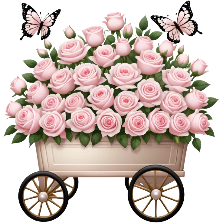 A nostalgic Parisian flower cart, overflowing with freshly picked pale pink roses and white peonies, its golden wheels glistening under the soft glow of lantern light, with pearl butterflies resting on the floral arrangements.
 emoji