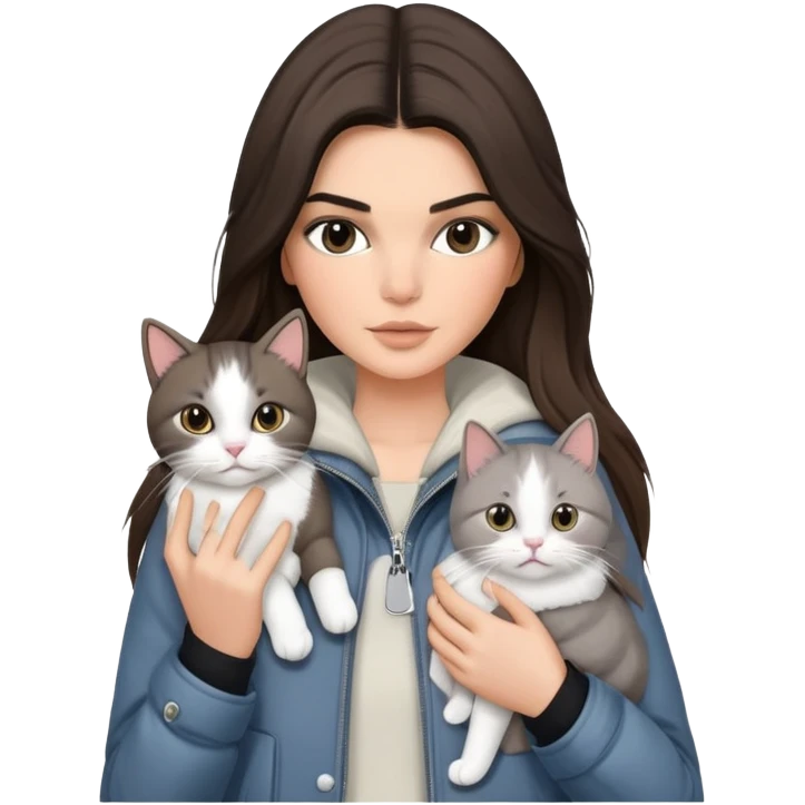 brunette Kendall Jenner with long hair holding on the hands one grey white cat in a jacket  emoji