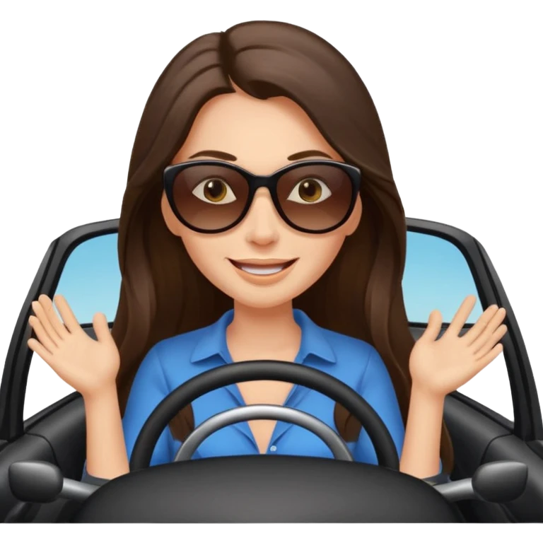 Brunette long hair driving car like crazy. Happy face confidence  emoji