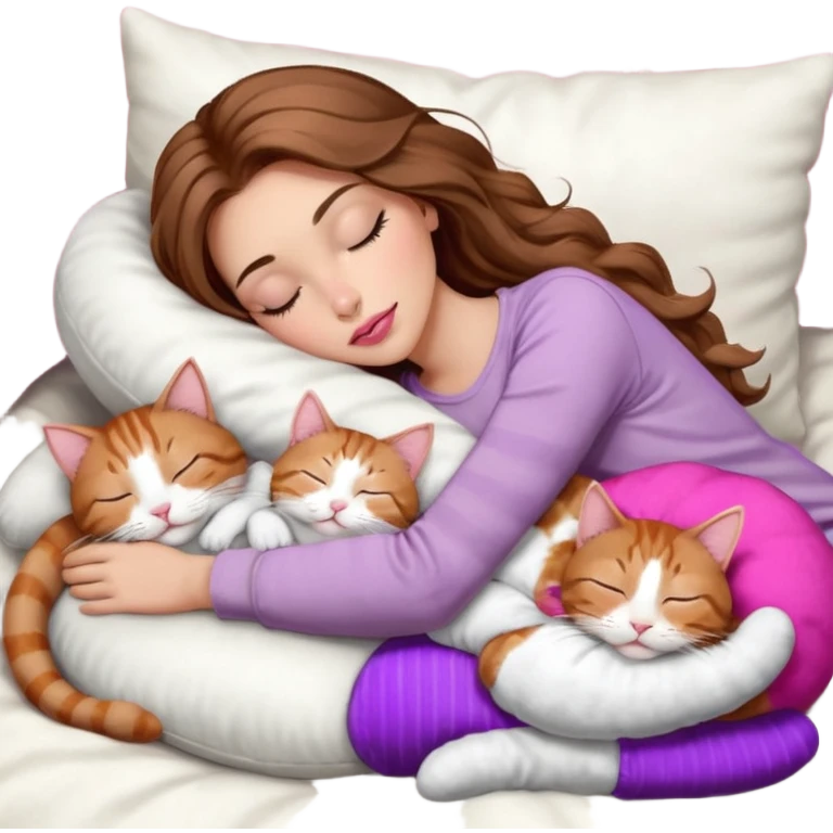 girl with long wavy brown hair, brown eyes, long lashes makeup, sexy pink lips, light to medium complexion,  sleeping on a cozy pillow, with 6 cats: 1 brown and white tabby cat, 1 ginger and white, 2 grey and white, 1 grey has white mittens and small white patch on its chest and 1 calico, sleeping emoji