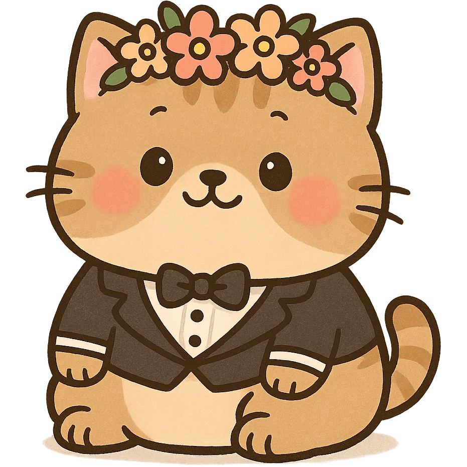 A chubby kitten wearing a tiny tuxedo and a flower crown, in a cute cartoon style emoji