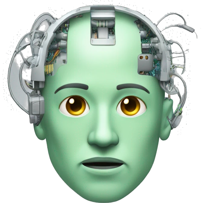 Pastel green bald male cyborg head with goatee and circuitry emoji