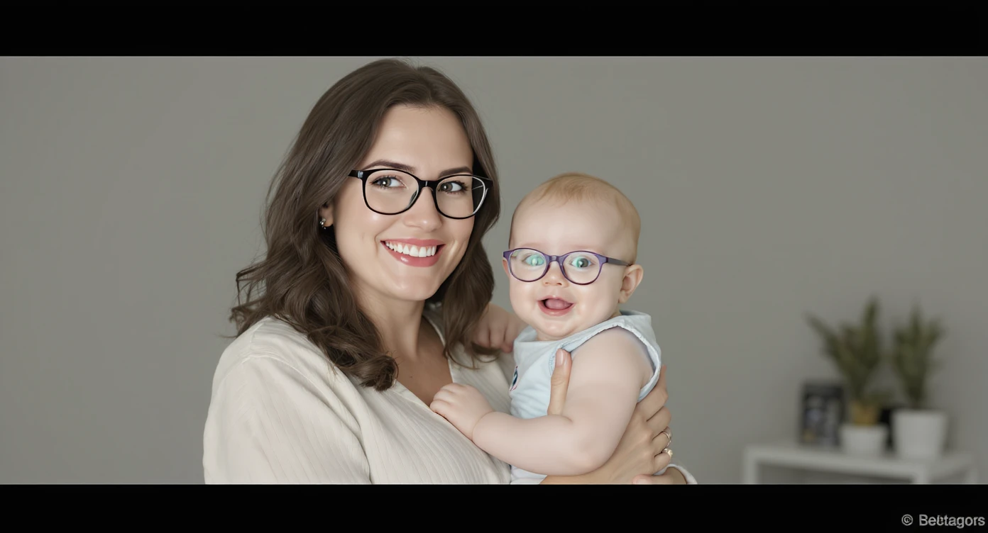 Cinematic still, Proffesional advertising of a smiling european white woman holding baby with glasses smiling, minimalistic ophthalmologist interior in background, leading  lines, "rule of thirds", 60/30/10 colors, soft light emoji