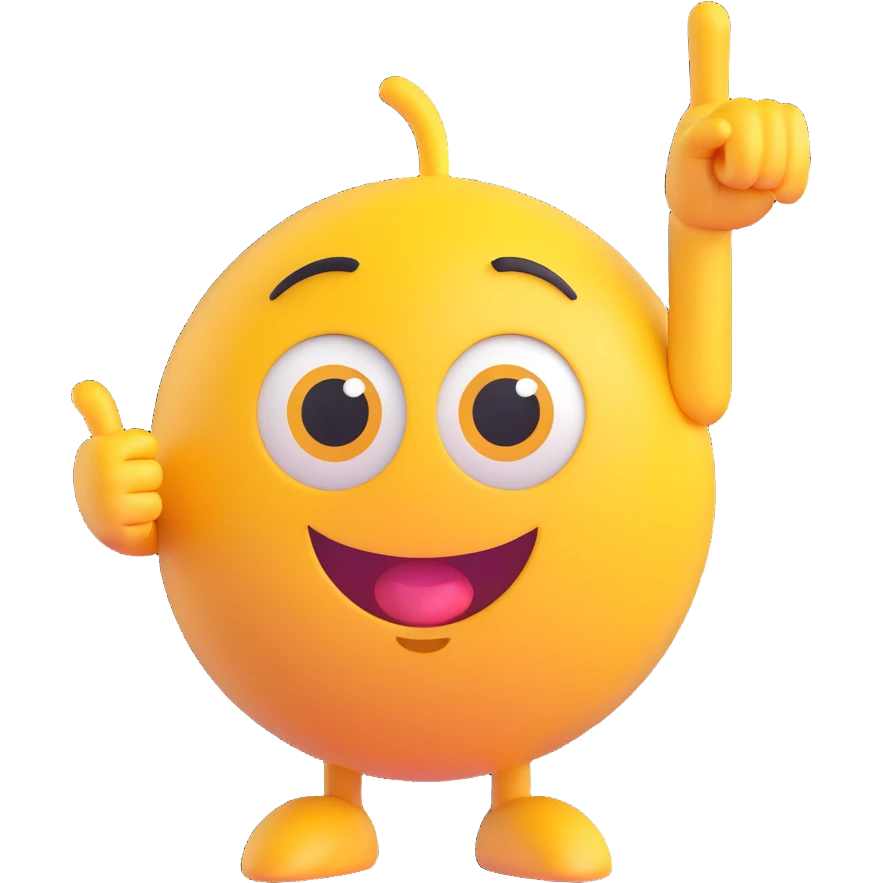A yellow round emoji character with big eyes and a confident smile, clearly pointing both index fingers at itself. Strong “ME!” expression. Bold cartoon style, isolated on white emoji