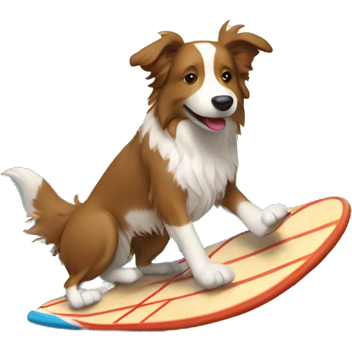 Light brown border collie riding a surf board emoji