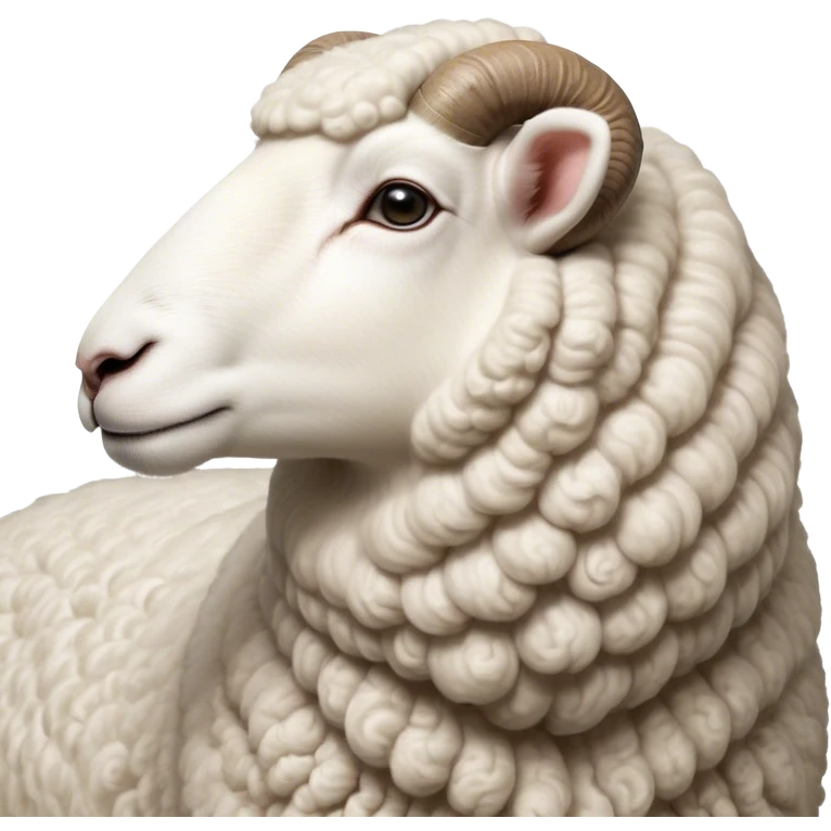 Cinematic Noble Sheep Portrait Emoji, Poised and regal, with a large, sturdy build and a luxuriously fluffy, well-groomed white fleece, deep-set soulful gentle eyes, Simplified yet sharp and sophisticated features, highly detailed, glowing with a soft, dignified glow, high shine, intelligent and calm, stylized with an air of pastoral majesty, focused and attentive, soft glowing outline, capturing the essence of a watchful and confident sheep, so majestic it feels as though it could amble out of the screen with effortless authority! emoji