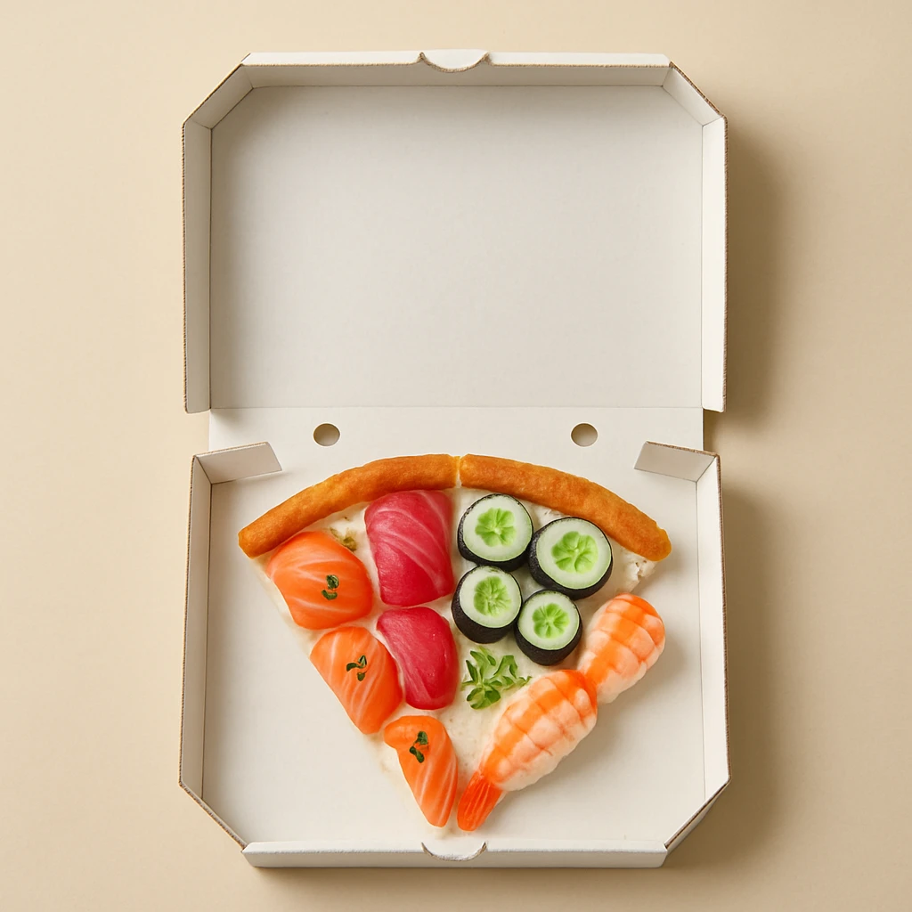 playful and clear composition of sushi arranged inside an open pizza box emoji