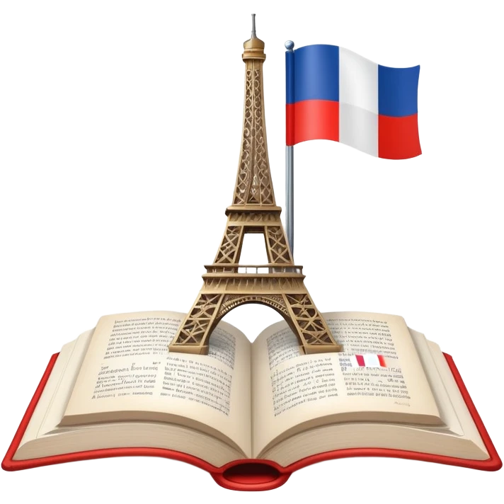 An icon featuring the Eiffel Tower and the flag of France, symbolizing the French language. The design includes an open book with French text, representing language learning and French culture. Transparent background highlights the elegance of the French-speaking world. emoji