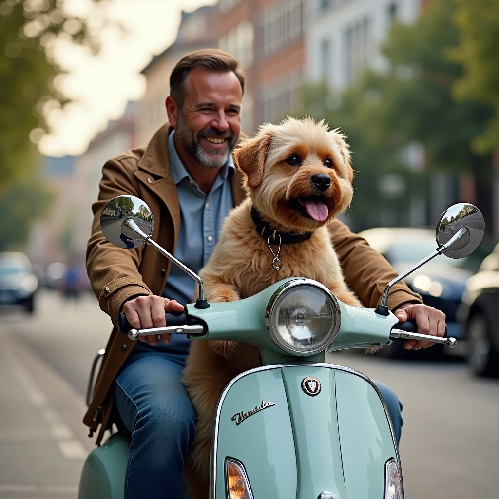 man and his pet dog riding a vespa emoji