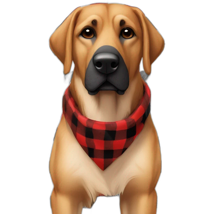 adult 75% Coonhound 25% German Shepherd mix dog with visible tail wearing small pointed red buffalo plaid bandana full body walking left quickly emoji