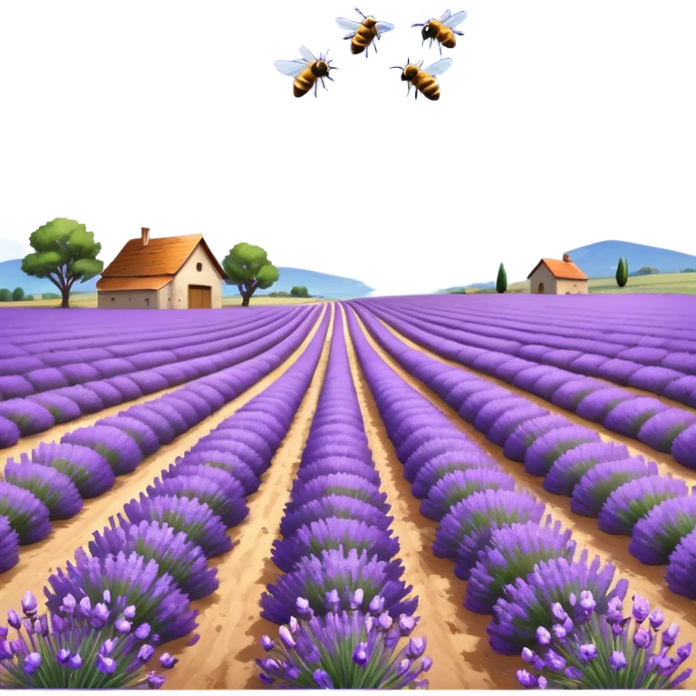 An expansive lavender field under a bright blue sky with fluffy white clouds, rows of fragrant purple flowers stretching into the distance, bees buzzing busily, a narrow dirt path winding through the field, and a rustic farmhouse visible far away, still life emoji