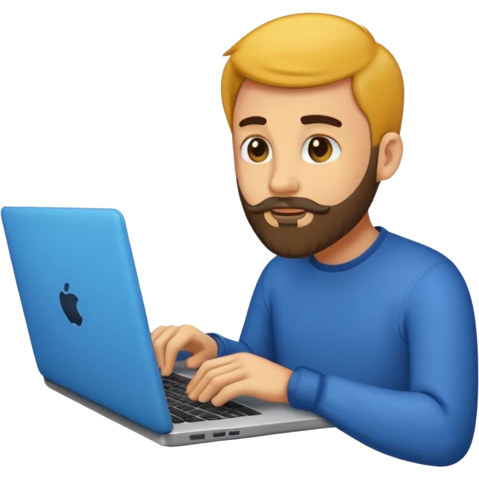 Emoji de un hombre joven con barba corta usando una laptop, estilo emoji moderno y minimalista, colores planos, líneas limpias, expresión amigable, fondo transparente. emoji