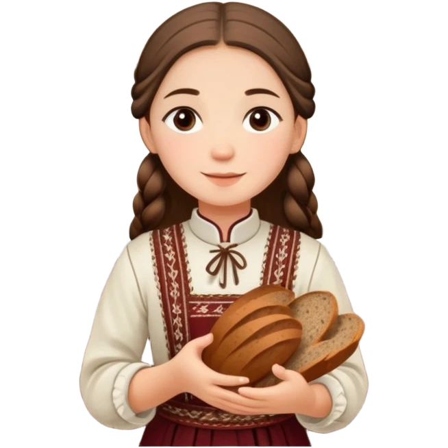 a girl who wears a Latvian folk suit stands in the kitchen and holds a newly baked rye bread - traditional Latvian food - in her hands. emoji