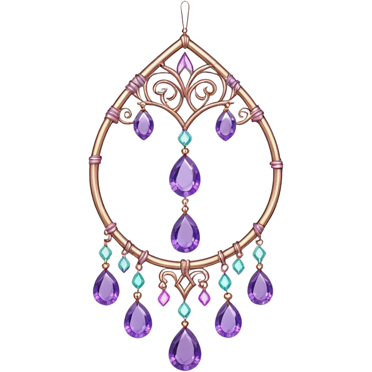 Hanging colorful pastel suncatcher, threads with shiny sparkly iridescent amethyst gemstones,  emoji