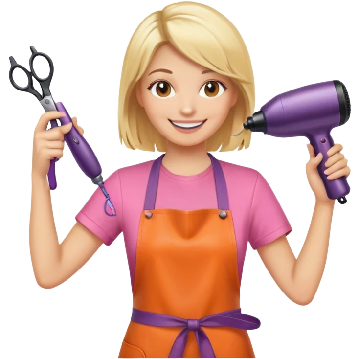 blonde female hairstylist smiling, pink t-shirt, orange apron, hands up, holding scissors and hairdryer clearly shown emoji
