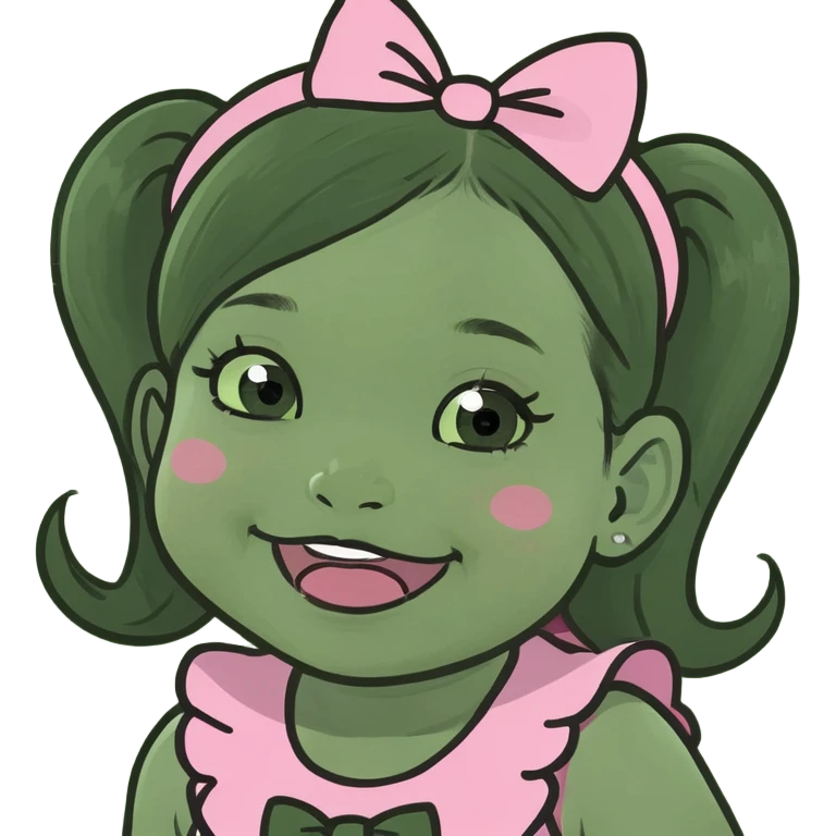 Baby girl with black hair and pigtails wearing pink bows with stars in the middle rosy cheeks and closed mouth smile  emoji