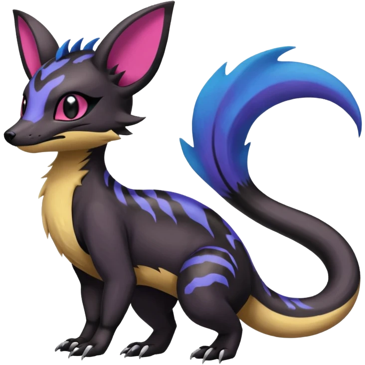 Rare epic aesthetic colorful Salandit-Noibat-Eevee-Civet-species-Fakemon-hybrid-creature, with markings, full body emoji
