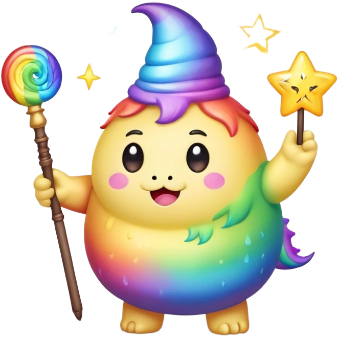 Kawaii derpy fat rainbow monster with magic wand  emoji