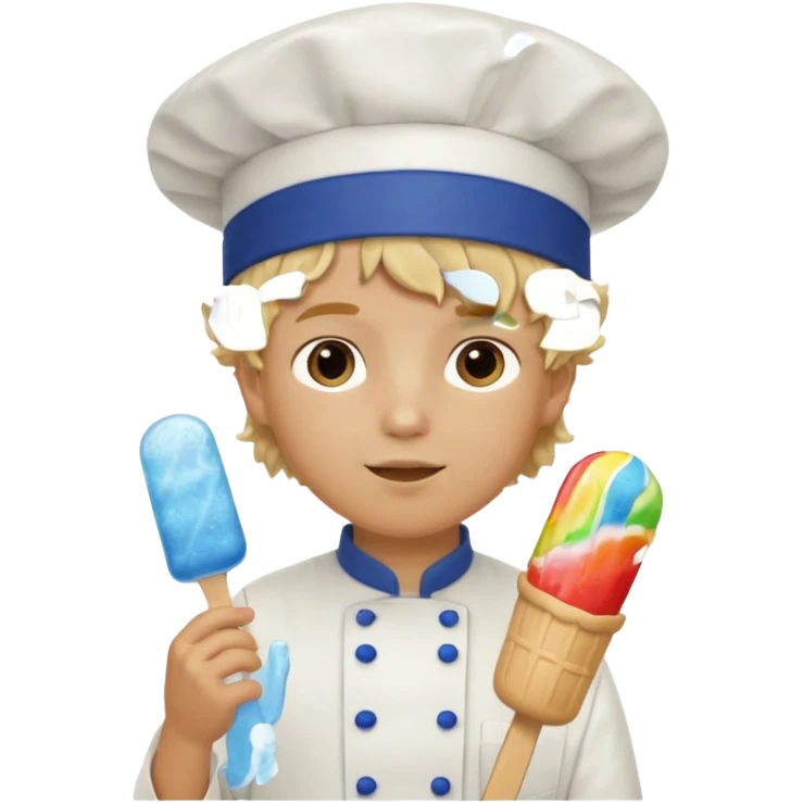 boy blonde curly hair, chef, eating blue ice pop emoji