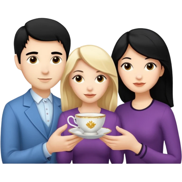 One blond white woman, one black hair white woman and one dark blond white man with tea cups emoji