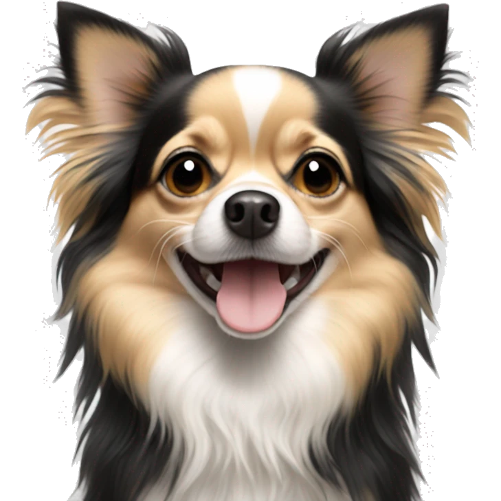 black white and tan long-haired chihuahua looking happy emoji