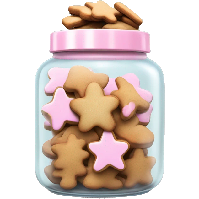 Realistic glass cookie jar with light pink lid full of gingerbread cookies isolated.  emoji