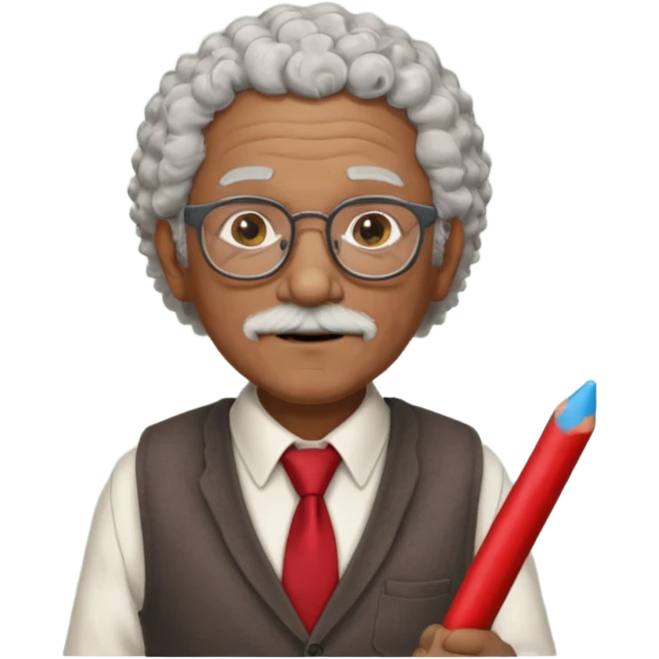 old man teacher, brown skin, curly grey white hai, wearing glasses, brown vest, red tie hold chalk on hand emoji