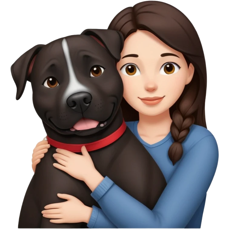 Brunette hugging happy big black amstaff dog emoji
