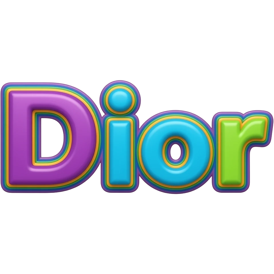 name "Dior" in purple bright blue lime green 3D style typography lettering, each color of the rainbow as a border outlined around each letter, isolated, 3d rendering, no emoji icons no emoji faces and must have no human figures emoji