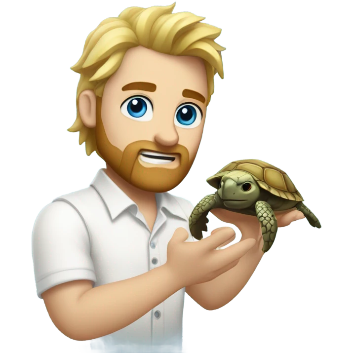 Man with blond spiked hair, beard, blue eyes, white shirt and wristwatch, holding a sea turtle with big eyes emoji