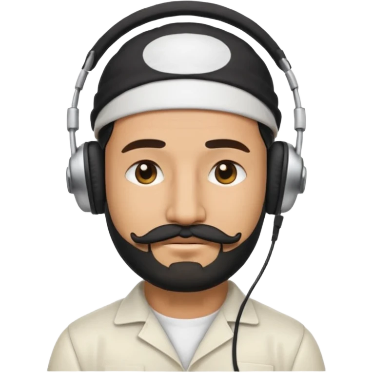 Half body man wearing white topi, lapray, black beard and moustache, headphones, eyes closed, realistic emoji style. emoji
