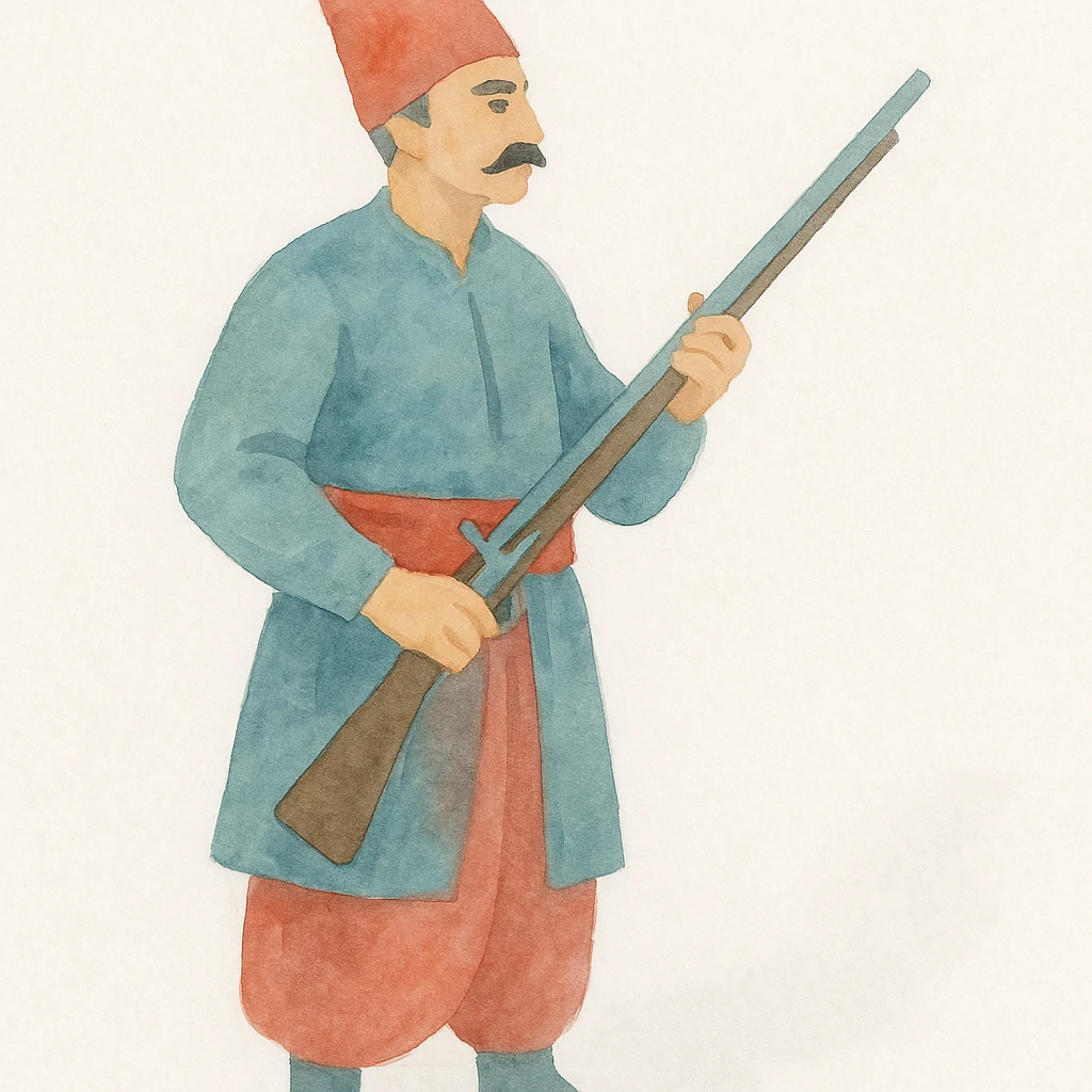 an Ottoman Janissary, depicted in a painterly style, holding a musket, rich colors emoji