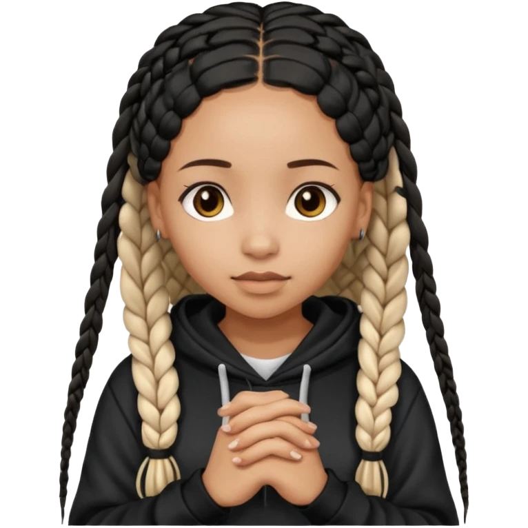 African American light skin girl with long black box braids wearing a black hoodie with hands folded together emoji