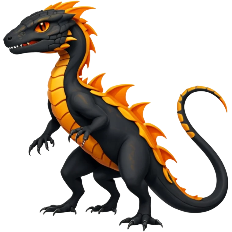 Magmatic fiery badass cool obsidian-Black and golden-orange Helioptile-Amaura-Salandit-Fakémon-hybrid-creature (full body)  emoji