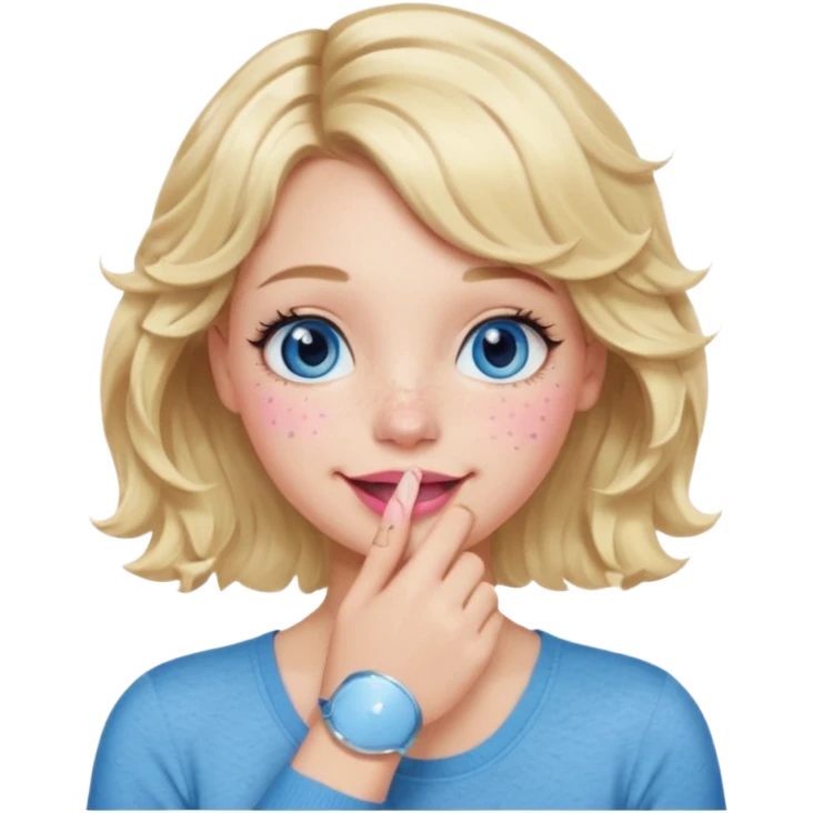 Girl Blonde short wavy hair,  blue eyes, cute blue top, long lashes, pink lips, smiling, hand covering the mouth emoji