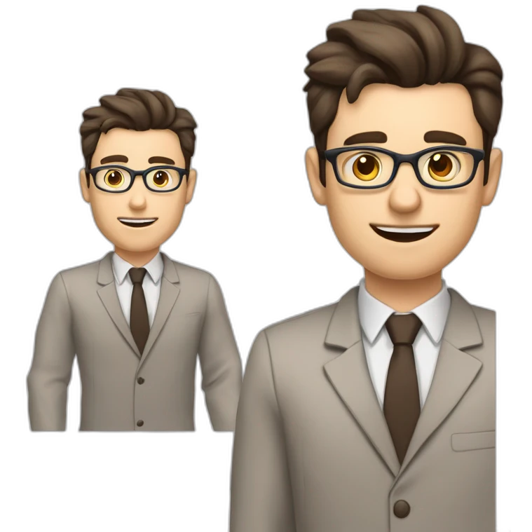 Pale skinned fit man with dark brown hair in gray jacket, beige office shirt, brown tie, brown pants and vintage glasses Writing on the flipchart emoji