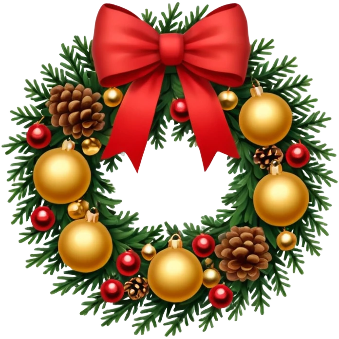 A Christmas wreath made entirely of fir trees, decorated with a single red bow at the bottom, pine cones, and Christmas tree balls. emoji