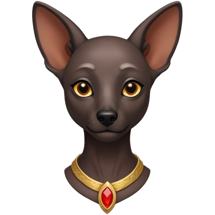 Cinematic Noble Xoloitzcuintle Portrait Emoji, Poised and regal, with a sleek, muscular build and smooth, hairless ebony skin accented by subtle wrinkles, deep-set soulful dark eyes, Simplified yet sharp and sophisticated features, highly detailed, glowing with a soft, dignified glow, high shine, intelligent and loyal, stylized with an air of ancient grace, focused and attentive, soft glowing outline, capturing the essence of a watchful and confident guardian, so majestic it feels as though it could stride out of the screen with effortless authority! emoji