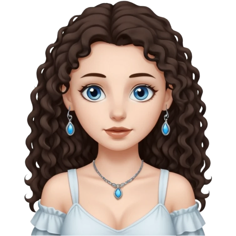 white girl, dark brown long slightly curly hair , skinni but with big breast , septum piercing on nose, beautiful dark gray-blue eyes, in white dress emoji