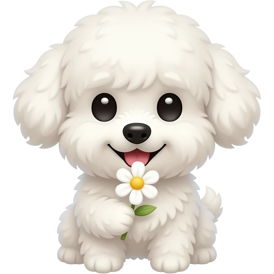 Very small fluffy most cutty dog, happy, white, for profile, look front, mouth holding flower emoji