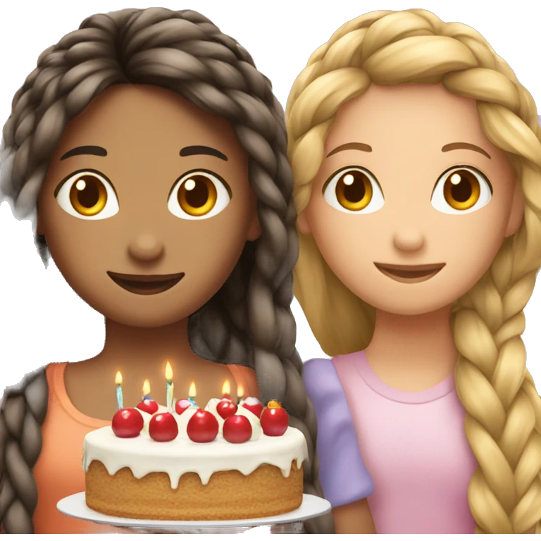 braided girl with cake and her friend with long straight hair emoji
