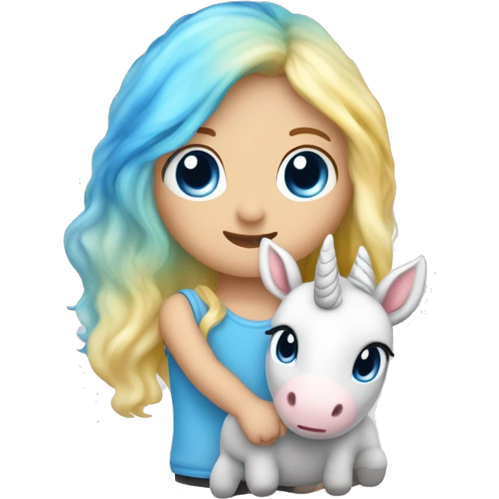 Kleinkind mit blauen Augen und blondem Haar mit einem Einhorn Kuscheltier in der Hand  emoji