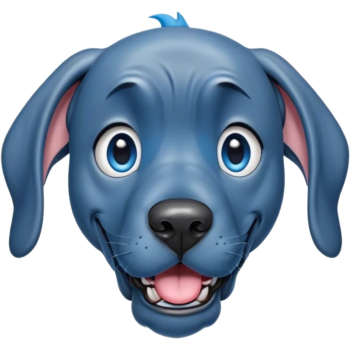 Cinematic Comical Blue Great Dane Portrait Emoji, Head tilted dramatically with an exaggeratedly amused expression, featuring a striking blue Fur with a glossy finish, wide, expressive steel-blue eyes filled with playful disbelief, Simplified yet hilariously expressive features, highly detailed, glowing with a slightly sassy glow, high shine, dramatic yet playful, stylized with an air of cheeky charm, bright and endearing, soft glowing outline, capturing the essence of a spirited and over-the-top guardian, so meme-worthy it feels like it could side-eye its way into internet fame instantly! emoji